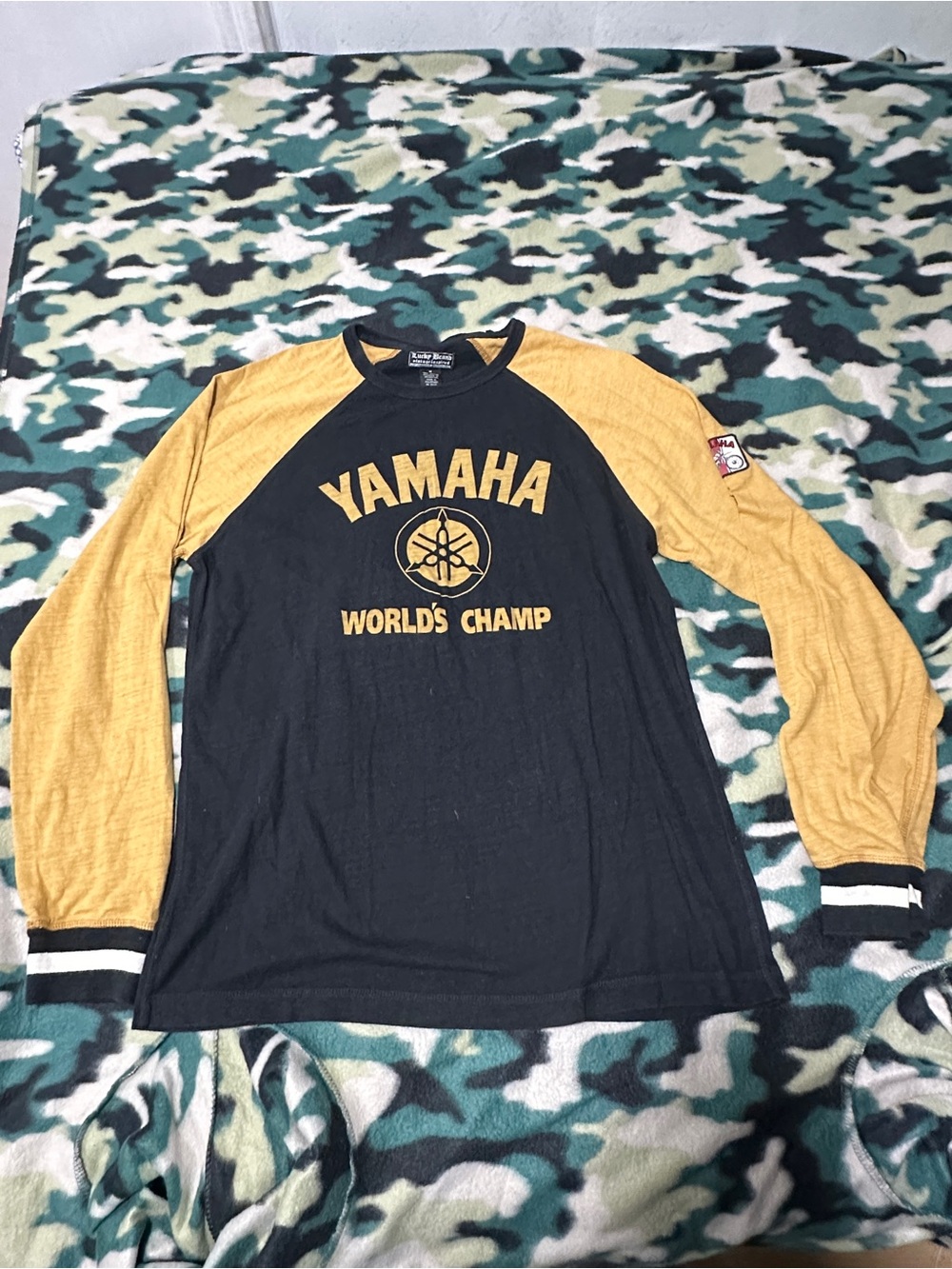 LUCKY BRAND Yamaha Black and Mustard Long-Sleeve Raglan Shirt